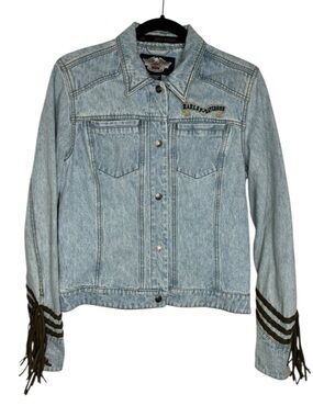 VTG Harley-Davidson Embroidered Denim Jacket Leather Fringe Button Front Small